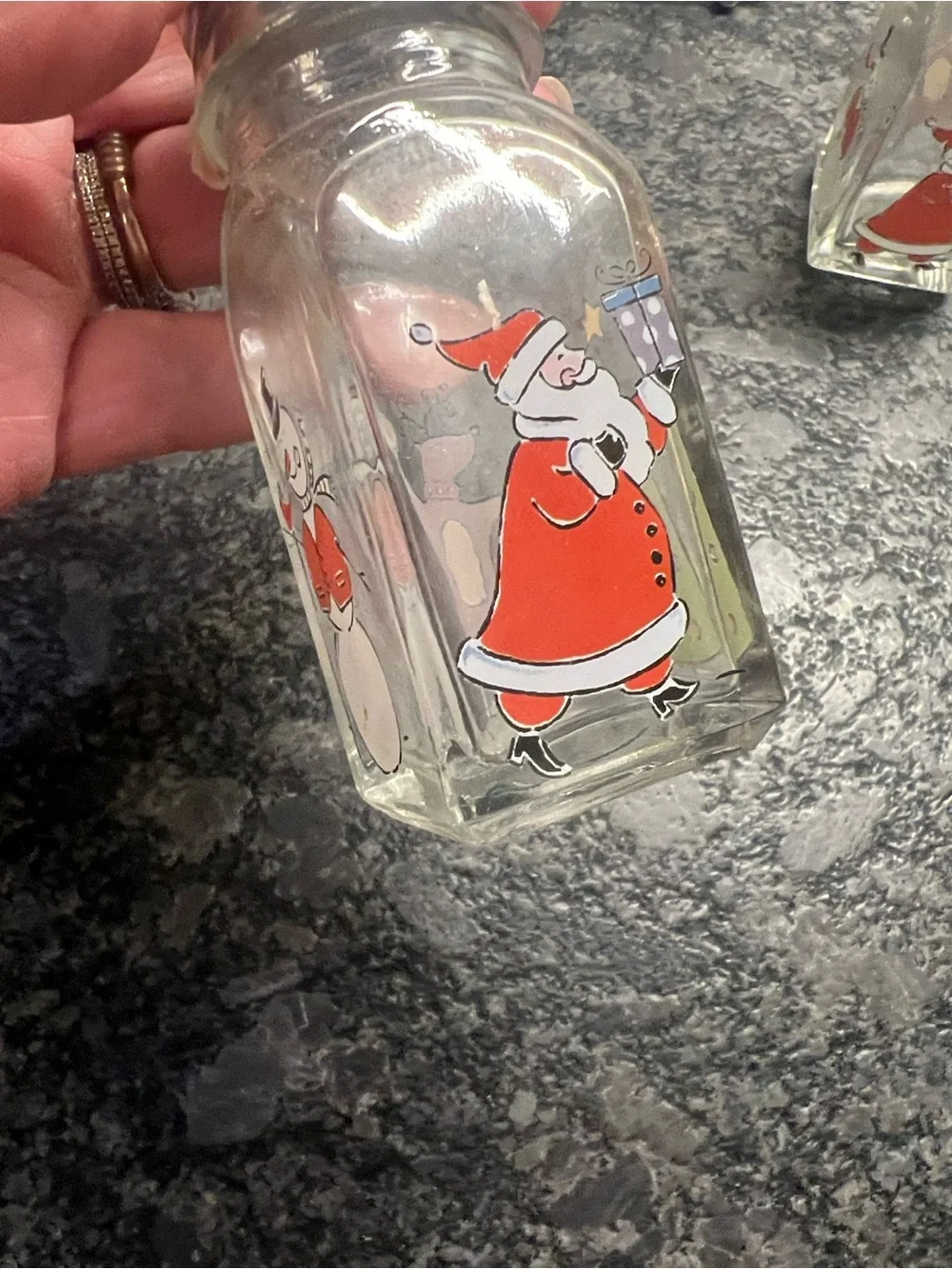 Vintage Holiday Snowman & Santa Glass Salt and Pepper Shakers - Red Accents